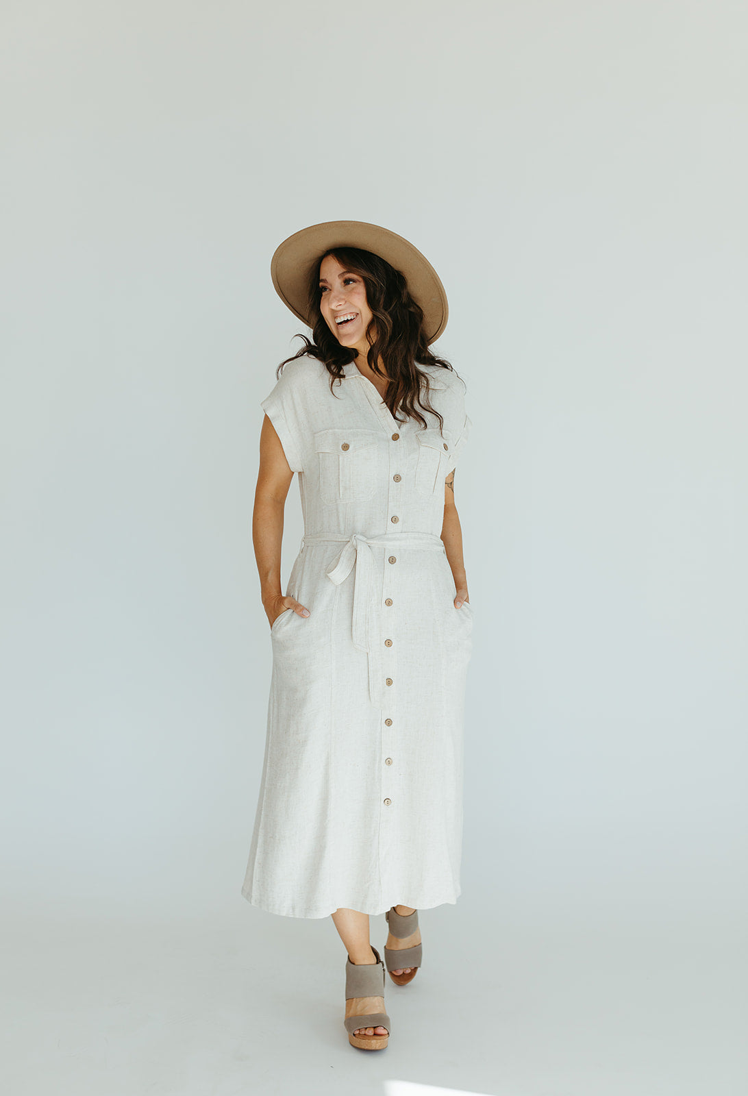 oatmeal_linen_short_sleeve_button_up_midi_dress