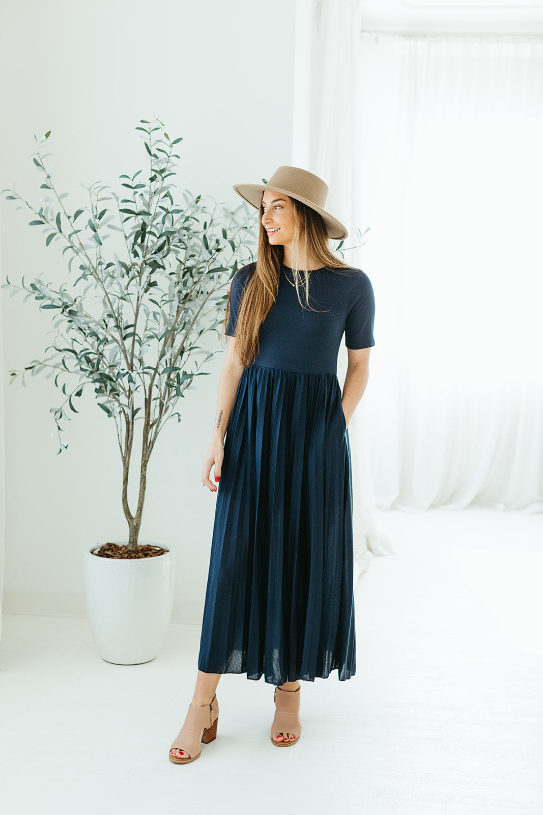 navy_midi_maxi_short_sleeve_pleated_skirt_dress