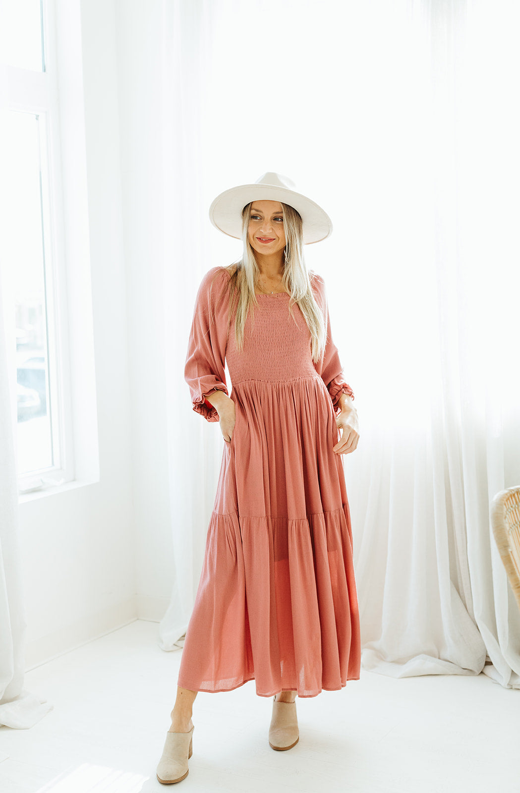 pink_smocked_three_quarter_sleeve_maxi_dress_square_neck