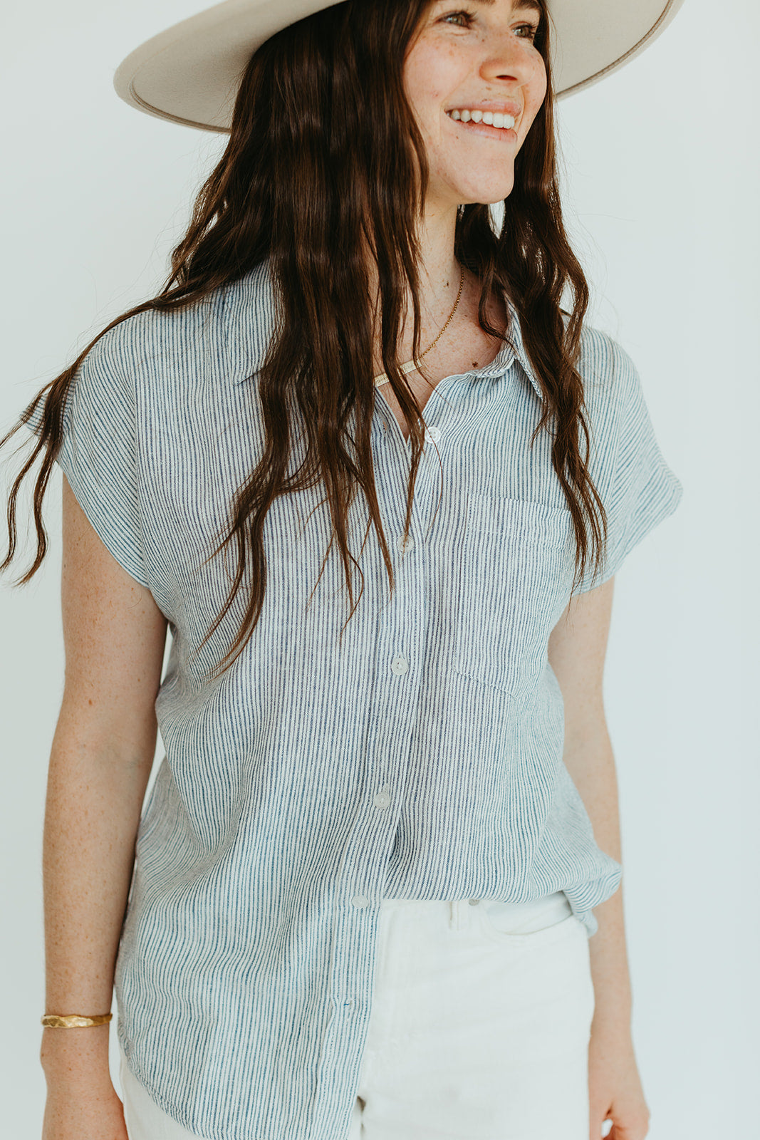 blue_white_striped_short_sleeve_button_up_collared_top