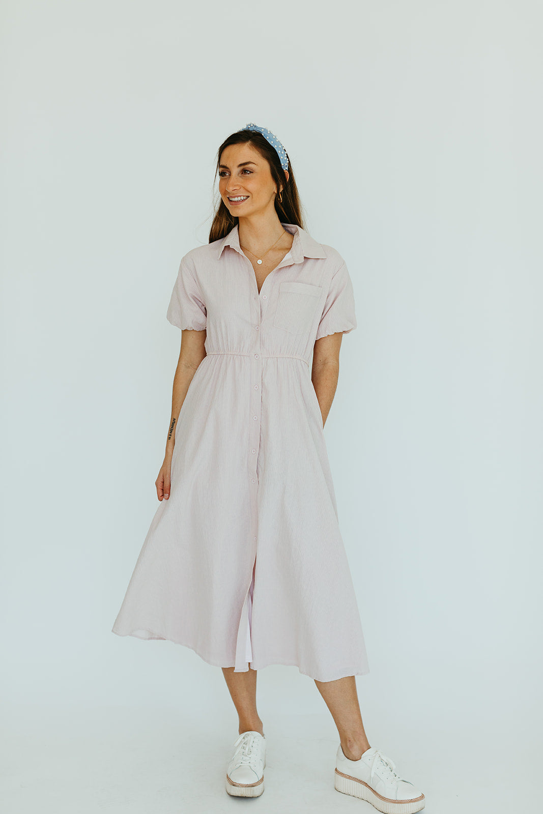 pink_lavender_striped_button_up_short_sleeve_midi_dress