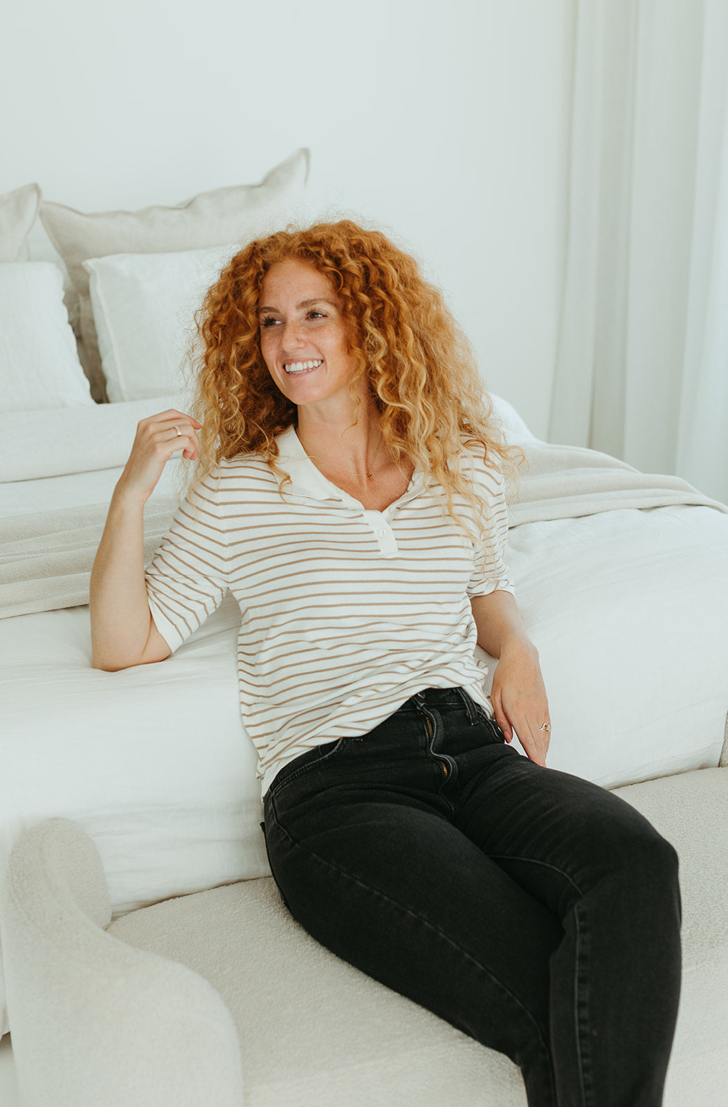white_tan_striped_collared_short_sleeve_top
