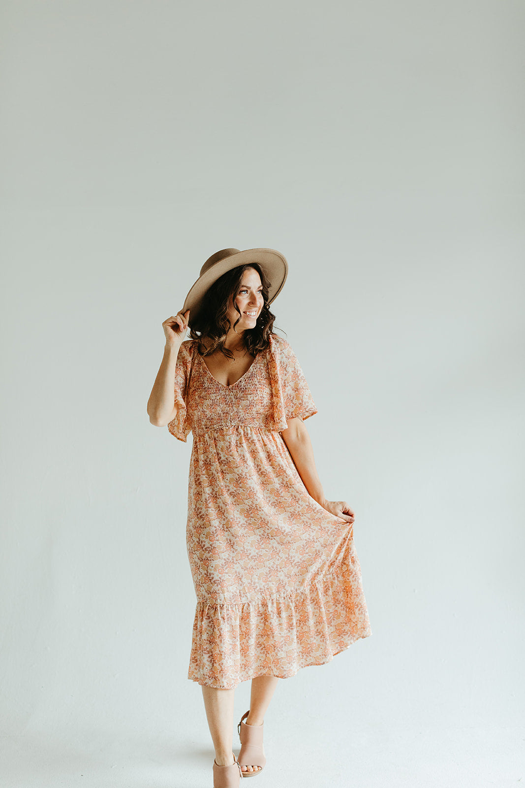 pink_retro_floral_v_neck_smock_tiered_short_sleeve_midi_dress