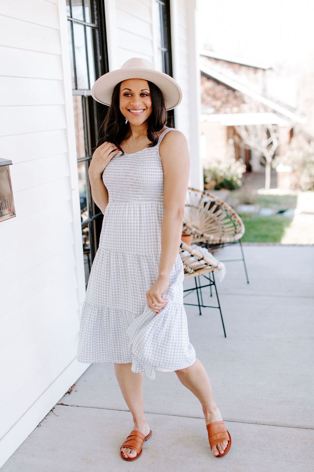 grey_white_gingham_smocked_tiered_spaghetti_strap_dress