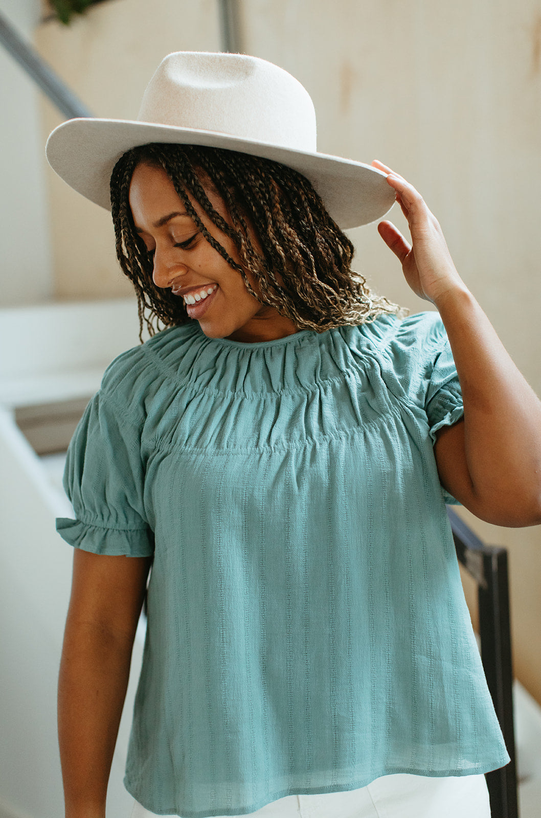 teal_smock_pinstripe_short_sleeve_blouse