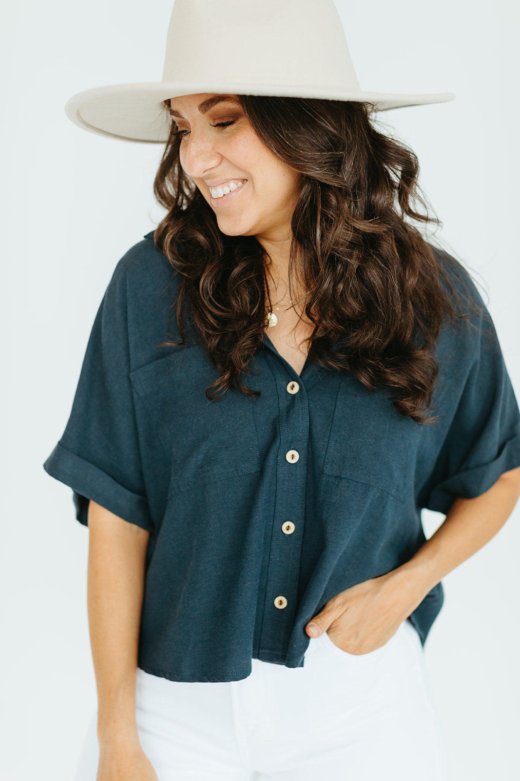 navy_short_sleeve_button_up_collared_top