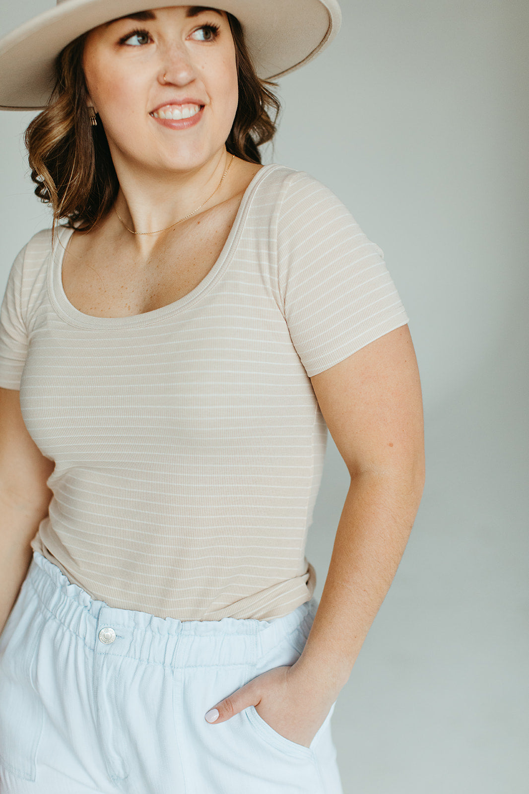 taupe_white_stripe_short_sleeve_ribbed_scoop_neck_tee