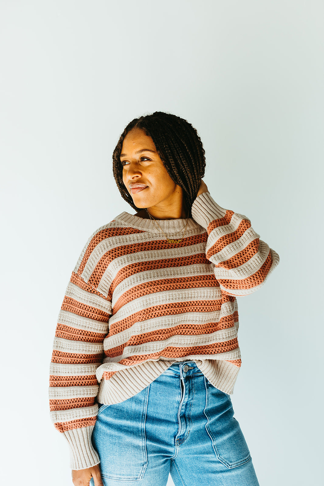 taupe_salmon_striped_open_knit_sweater_womens