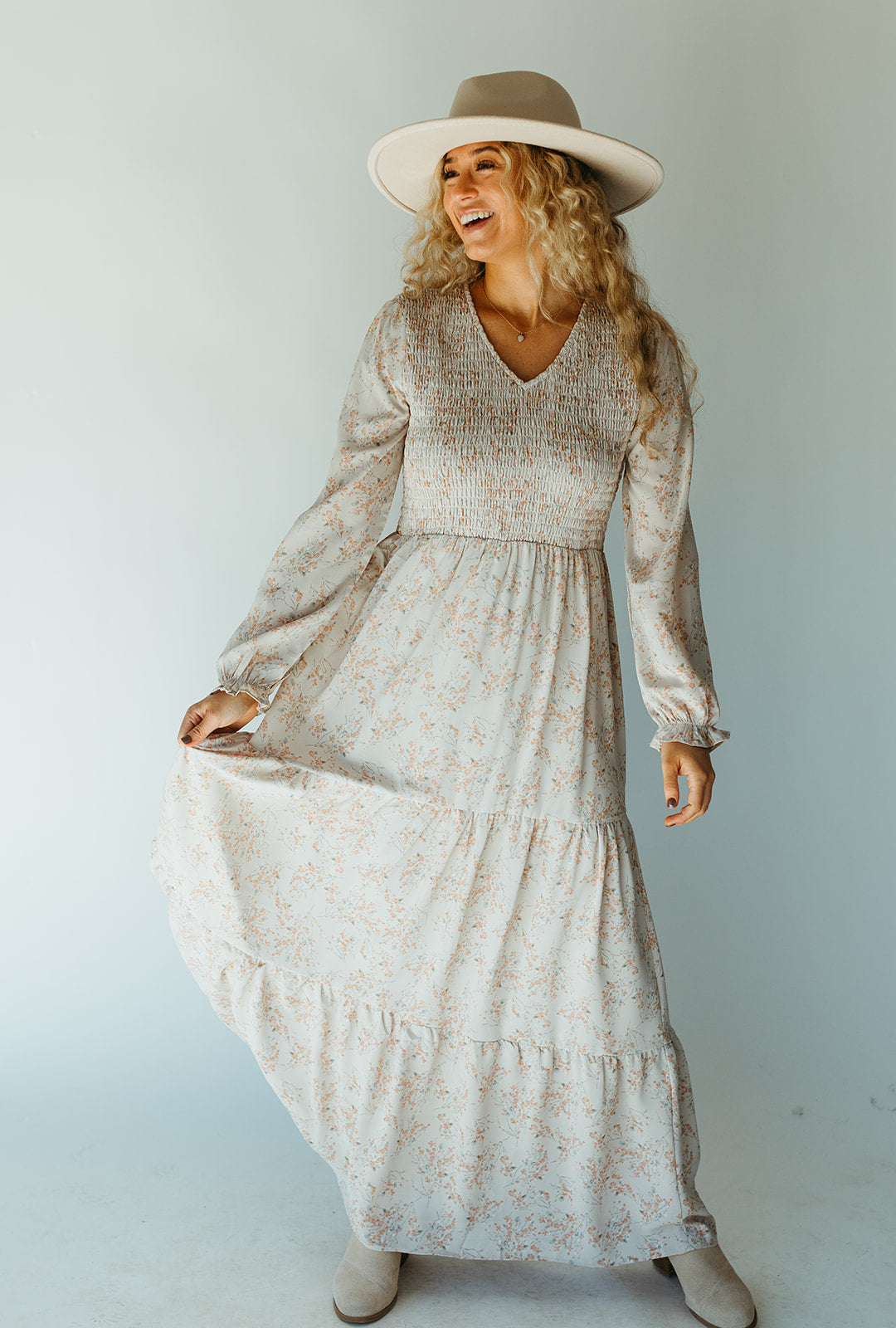 taupe_ivory_floral_smocked_long_sleeve_maxi_dress
