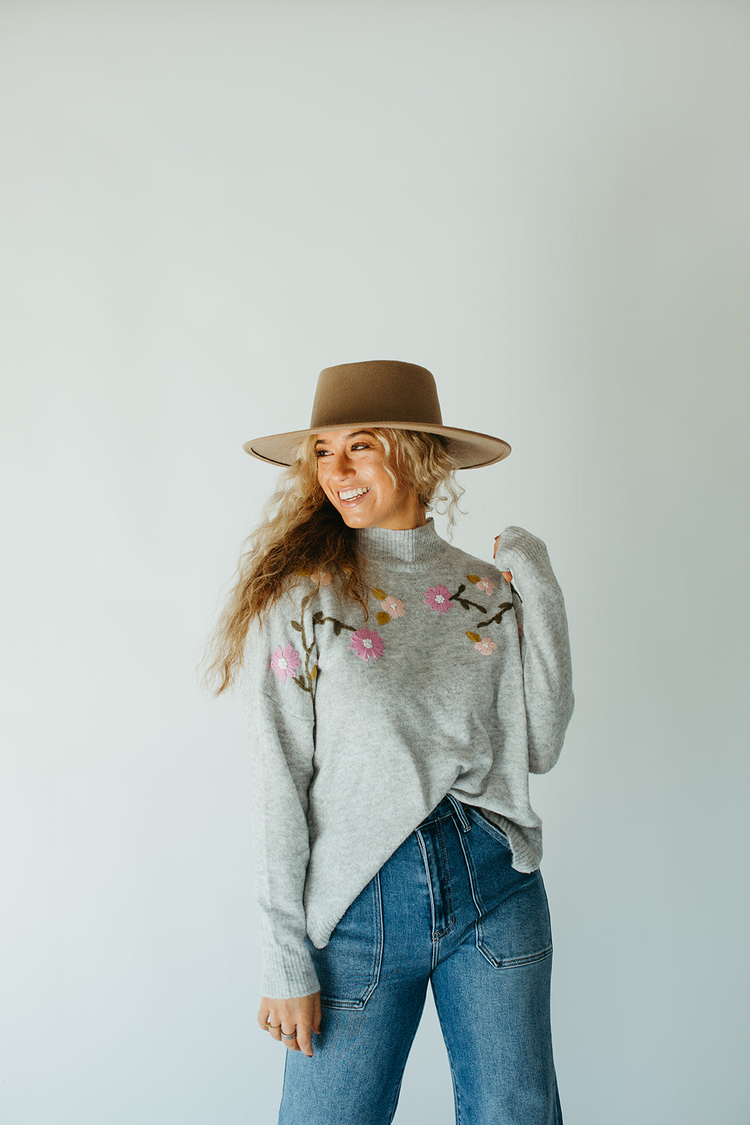 light_grey_mock_neck_tunic_sweater_embroidered_flowers