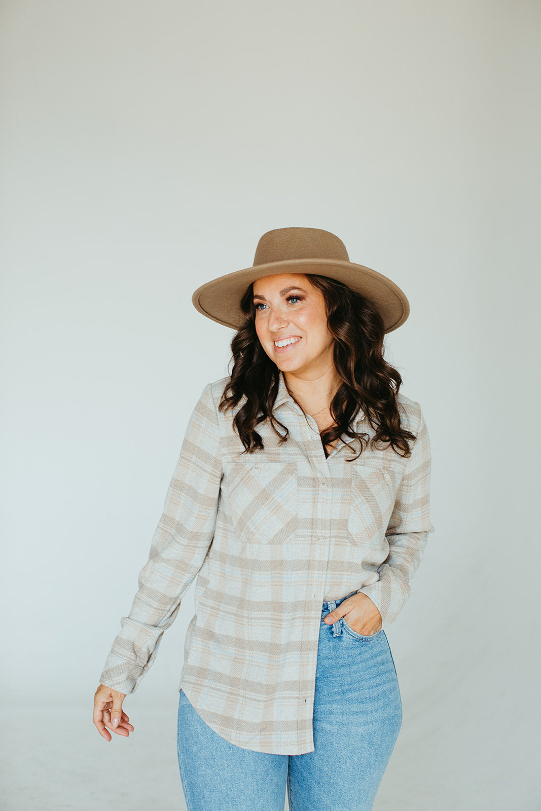 taupe_grey_blue_plaid_button_up_long_sleeve_top_womens