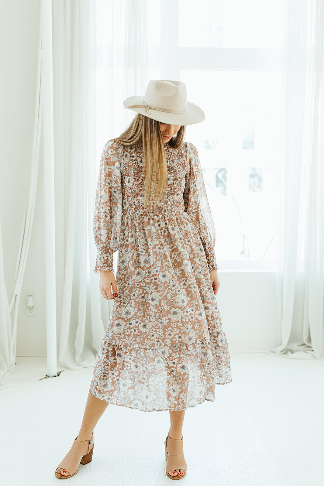 taupe_blue_floral_smocked_midi_dress_long_sleeves