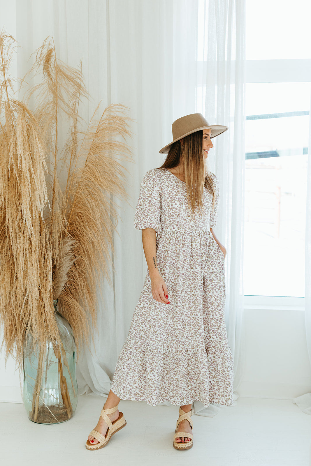 lavender_floral_short_sleeve_smocked_midi_dress