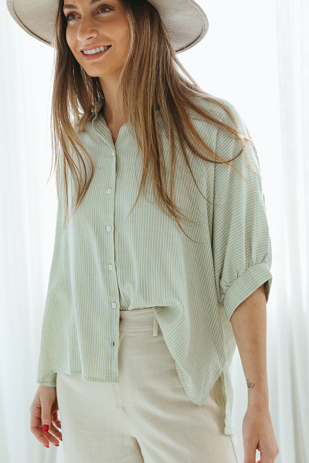 green_white_pinstripe_short_sleeve_button_up_oversized_top