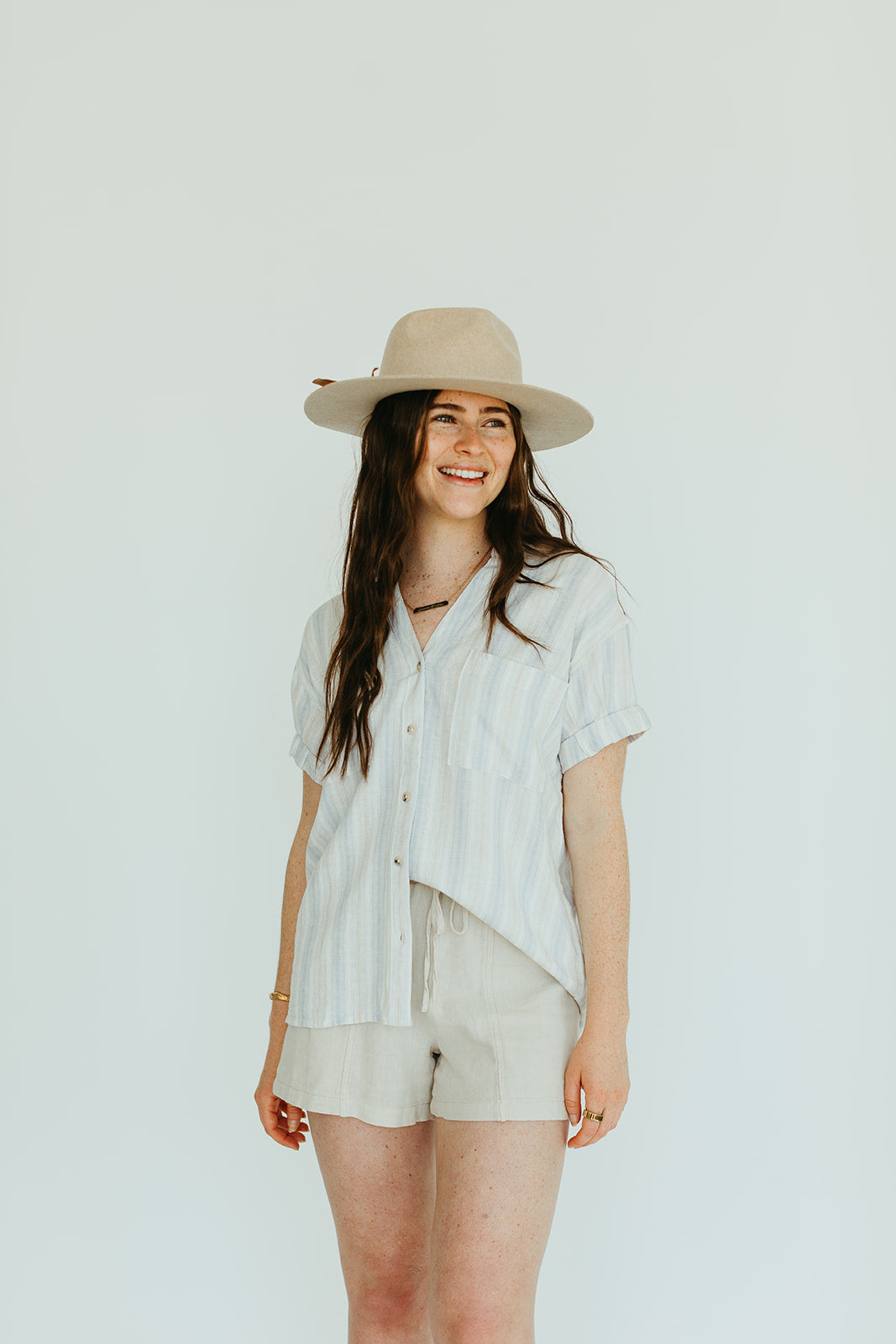 white_tan_lavender_striped_button_up_short_sleeve_linen_top