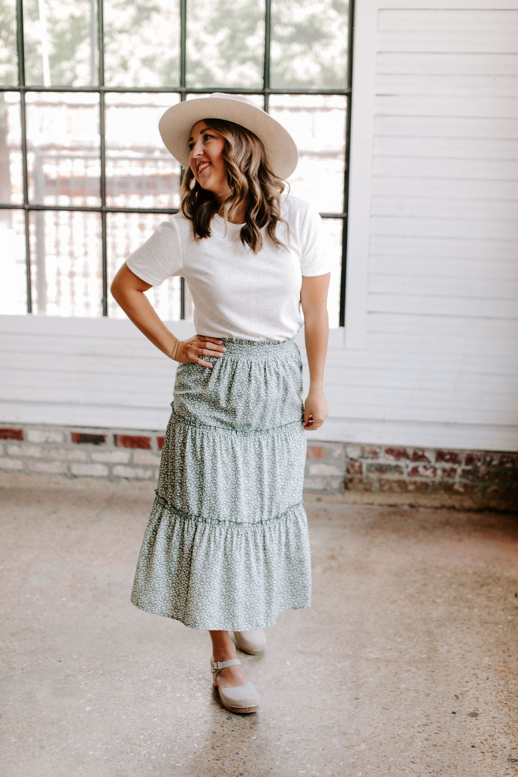green_ivory_floral_tiered_midi_skirt