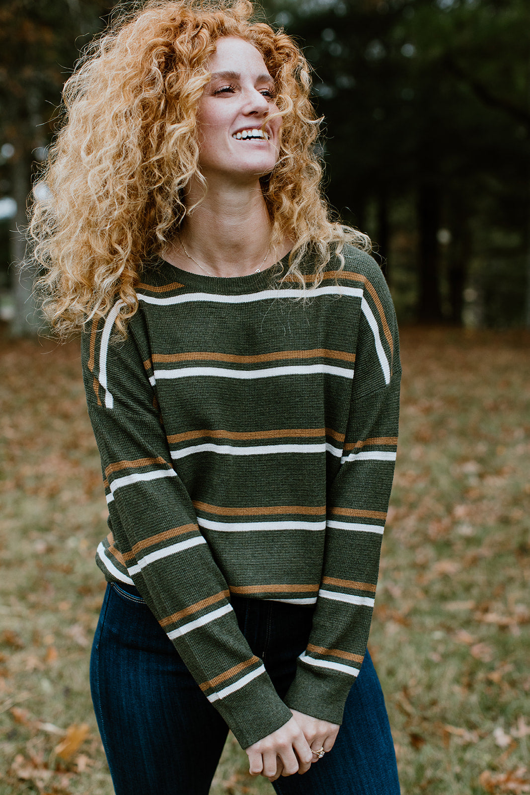 green_brown_ivory_stripe_long_sleeve_waffle_knit_top