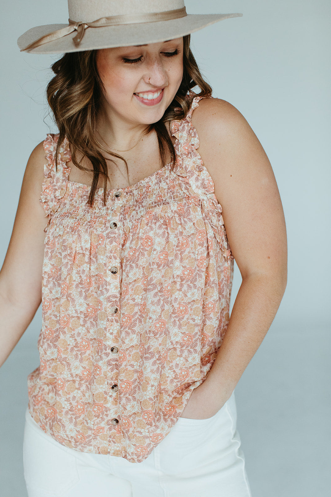 peach_mauve_taupe_floral_ruffle_tank_blouse_smocked