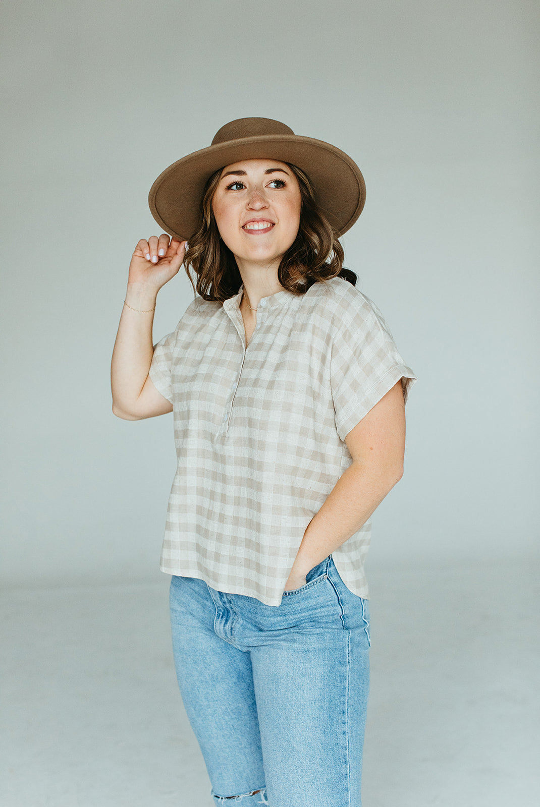 taupe_oatmeal_gingham_henley_short_sleeve_top